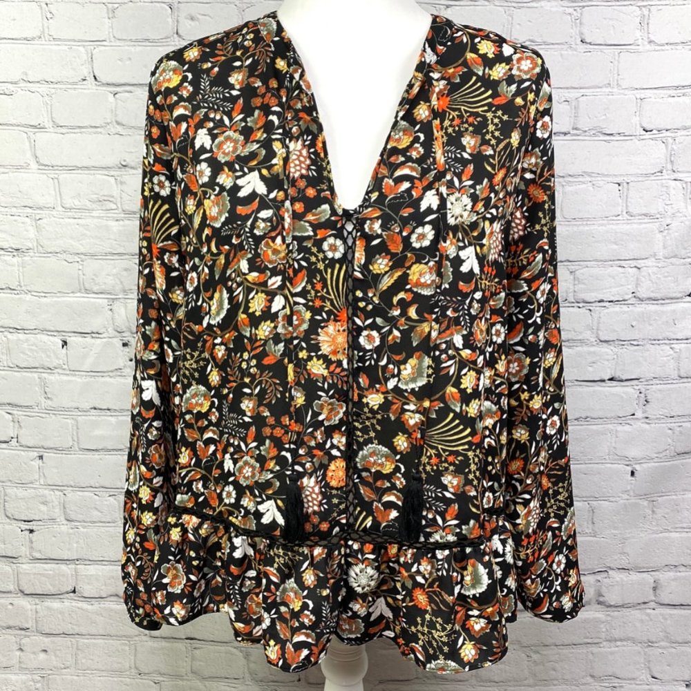 a.n.a. Peasant Folk Floral Printed Peplum Hem Blouse, Size PXL